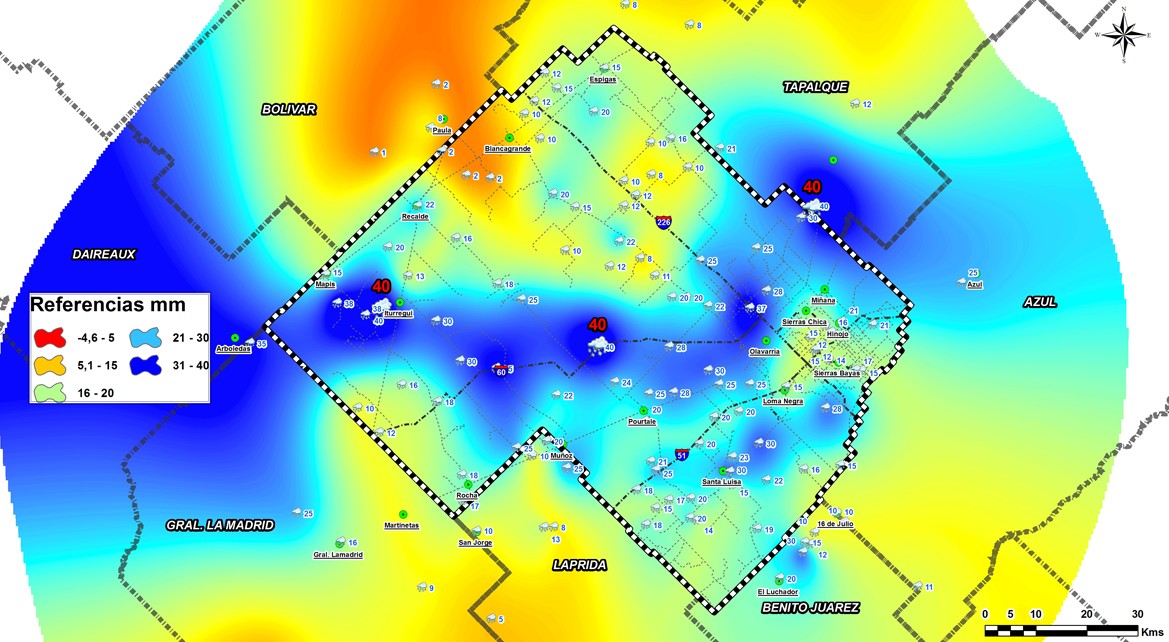 Mapa de interpolación de precipitaciones del 14/03. Mapa elaborado por la Dirección Agropecuaria perteneciente a la Secretaría de Desarrollo Económico de la Municipalidad de Olavarría en base a los datos brindados por la comunidad de usuarios de los grupos de lluvias de ZonaCampo. En este mapa se pueden observar los sectores de mayor y menor precipitación mediante colores que caracterizan zonas de comportamientos de PP homogéneos